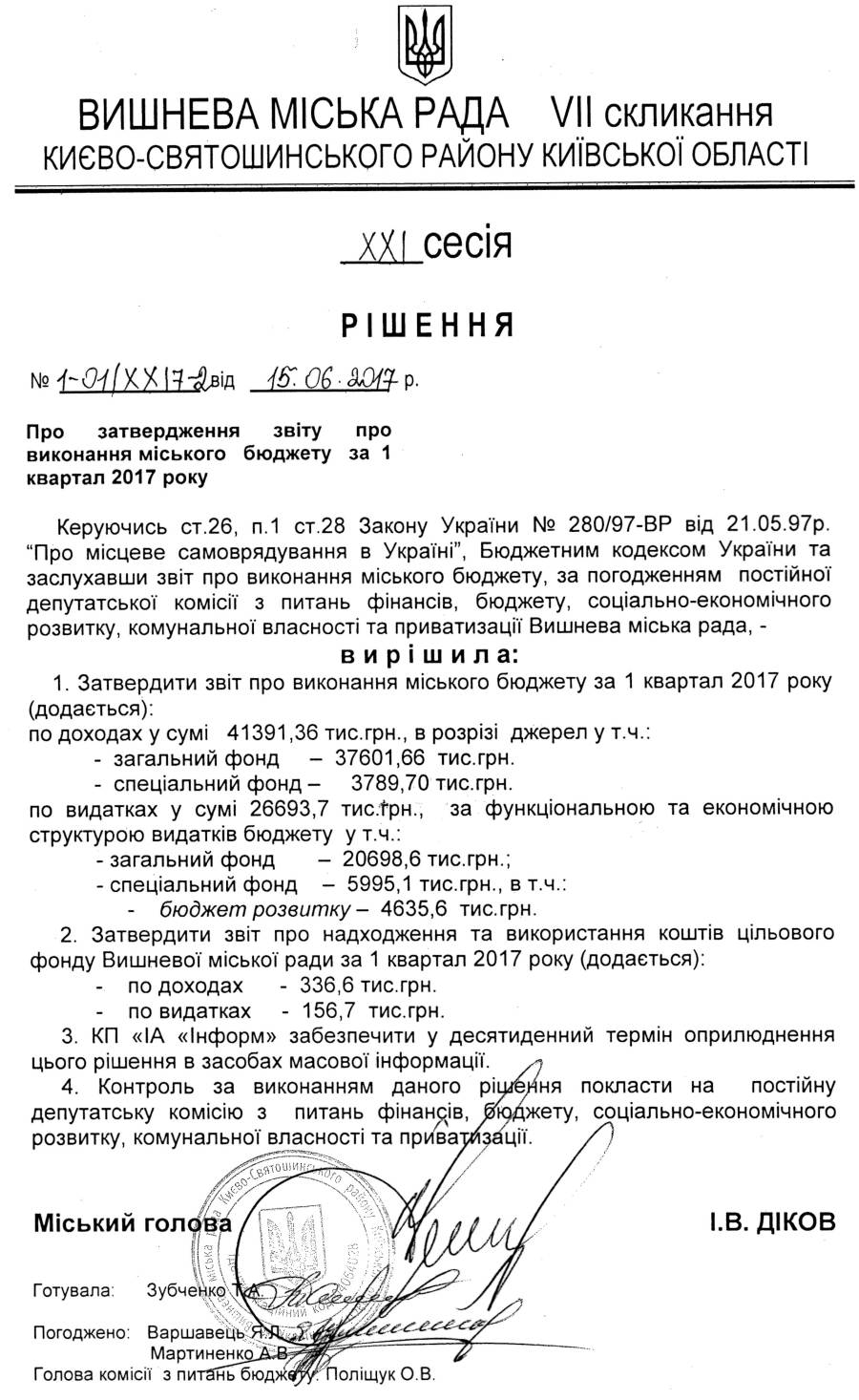 РІШЕННЯ ХХI СЕСІЇ VIІ СКЛИКАННЯ від 15.06.2017 року